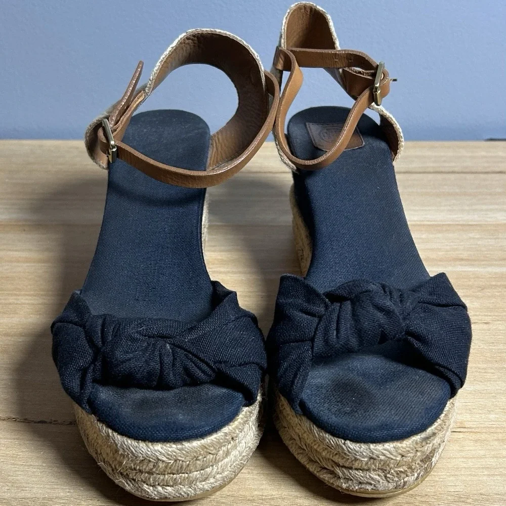 Tory Burch Black Royal Tan Knotted Bow Fabric Buckle Espadrille Wedge Sandals